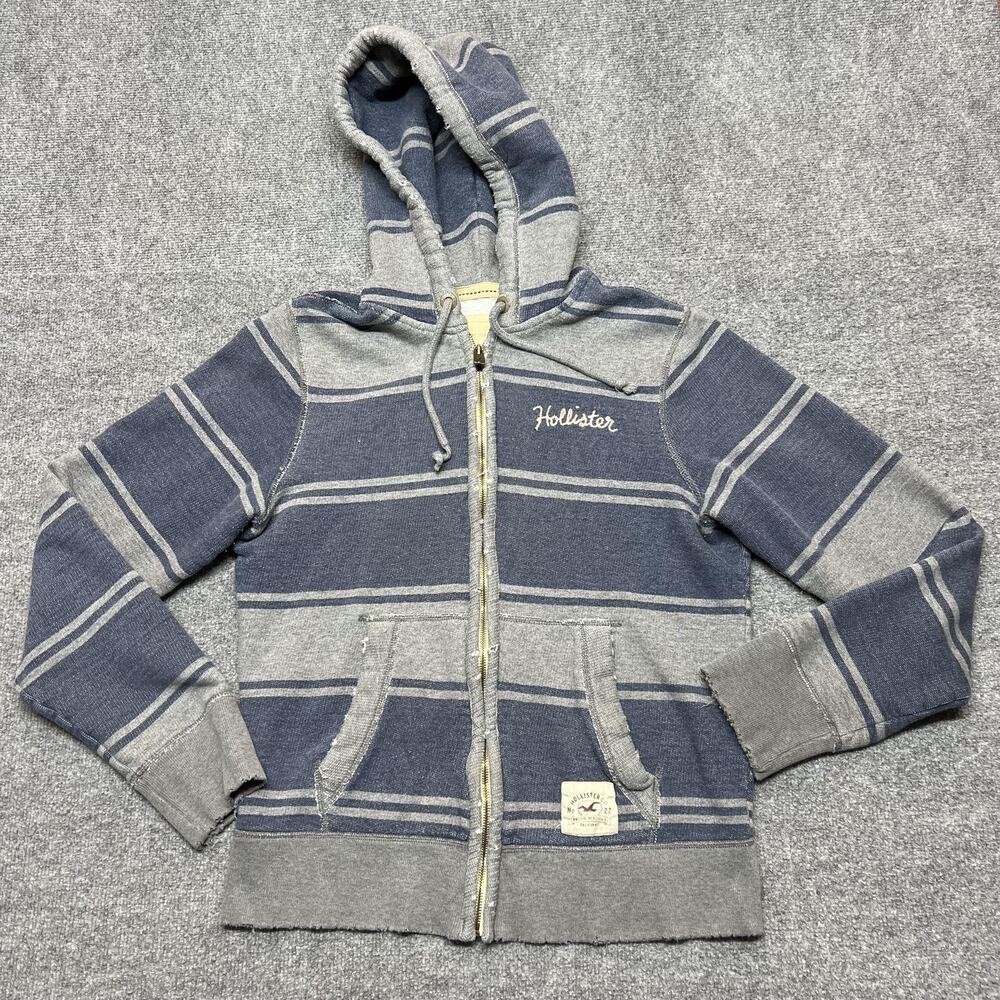 Hollister Hoodie Womens Medium Gray Blue Striped Full Zip Fleece Sweatshirt Logo